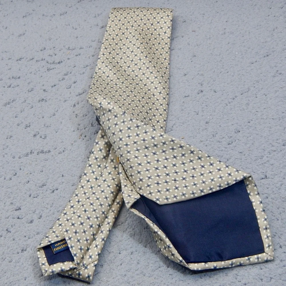 Polo Ralph Lauren Tie Beige Geometric Foulard Silk Necktie Classic Hand Finished